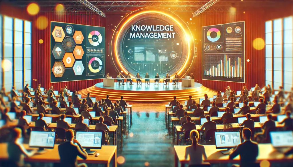 DALL·E 2025-01-06 00.04.52 – A vibrant background image for a knowledge management website carousel slide, showcasing a professional conference or seminar. The scene includes a mo